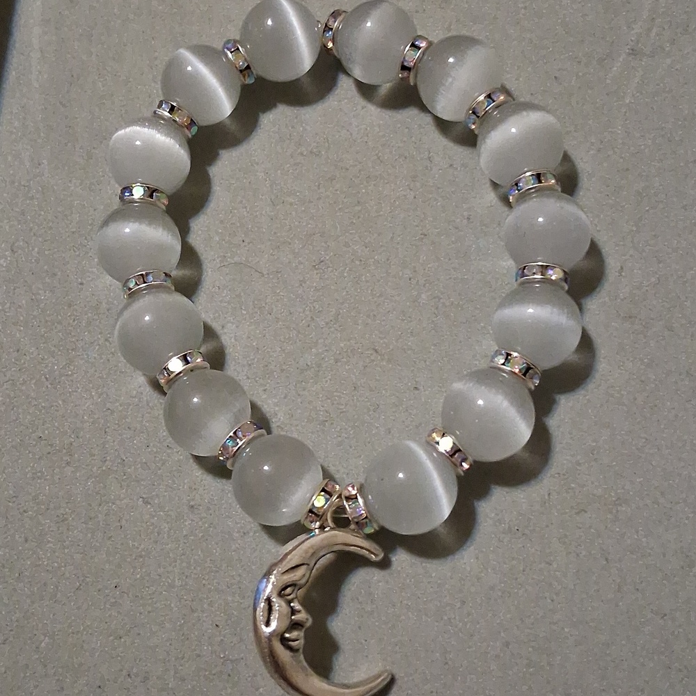 Moon Charm White Cats Eye Beaded Stretch Bracelet